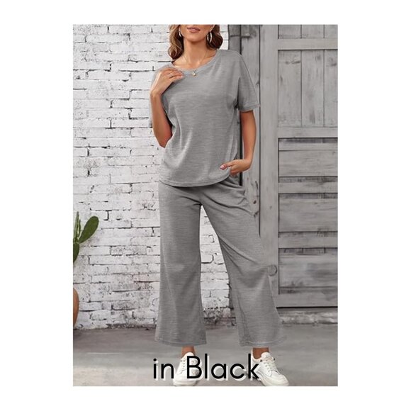 NEW SHEWIN 2 PC Lounge Set - Casual Waffle Knit Short Sleeve Top/Wide Leg Pant - Picture 3 of 6